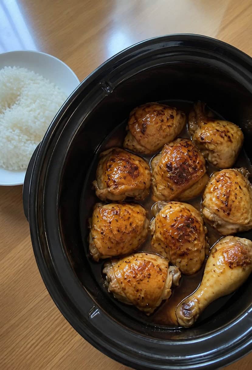 A crockpot filled with honey garlic chicken surrounded by various ingredients and spices
