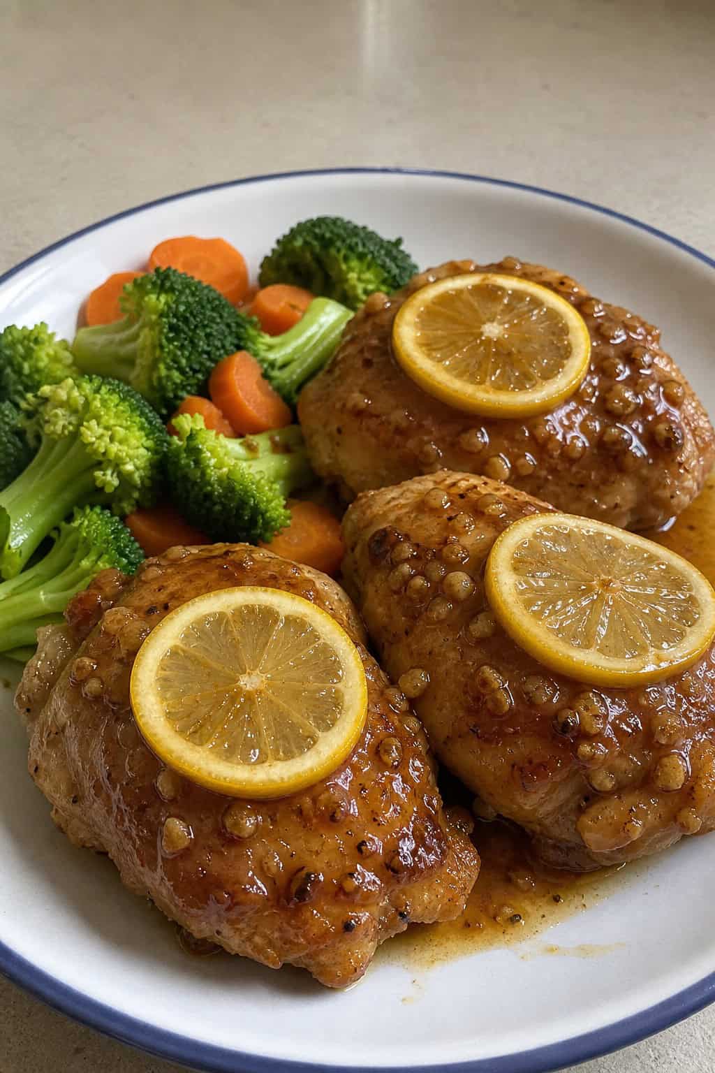 A plate of honey garlic lemon chicken thighs garnished with lemon slices and herbs, served with vegetables.