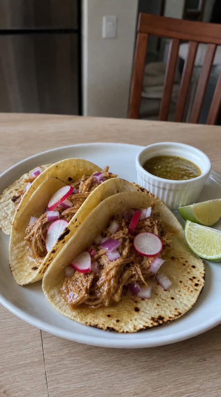 Close-up of honey-lime shredded chicken tacos on a small wooden plate with bright lime wedges alongside and a small dish of red salsa set in a warm kitchen.
