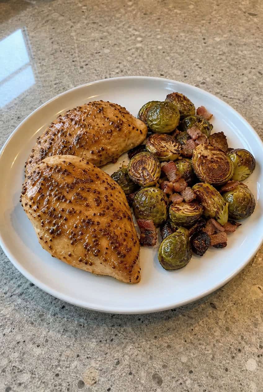 A white dinner plate holding honey mustard glazed shredded chicken alongside caramelized roasted Brussels sprouts with charred edges, served on a wooden table.