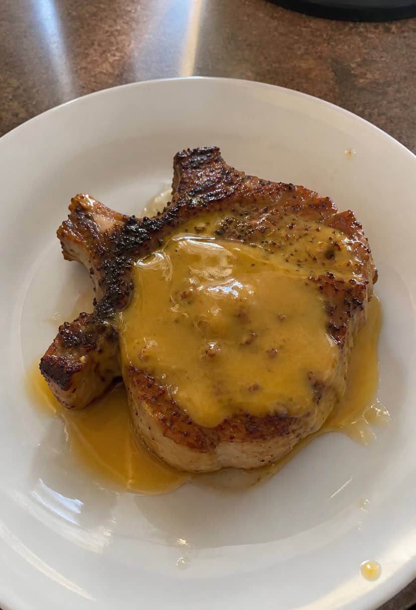 A sizzling pork chop glazed with honey mustard, surrounded by fresh herbs and spices on a wooden cutting board