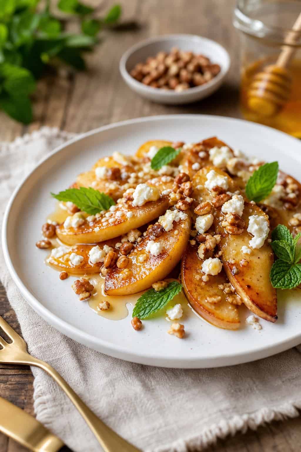 A plate of honey-roasted apple slices topped with crumbled goat cheese and chopped nuts, garnished with fresh mint leaves on a wooden table.