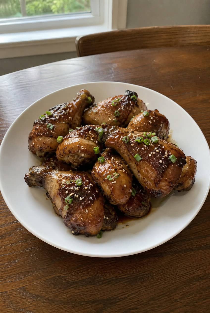A plate of lacquered honey soy glazed chicken drumsticks with deep mahogany-colored skin, scattered with sesame seeds and sliced green onions, surrounded by fresh ginger and garlic on a wooden table.