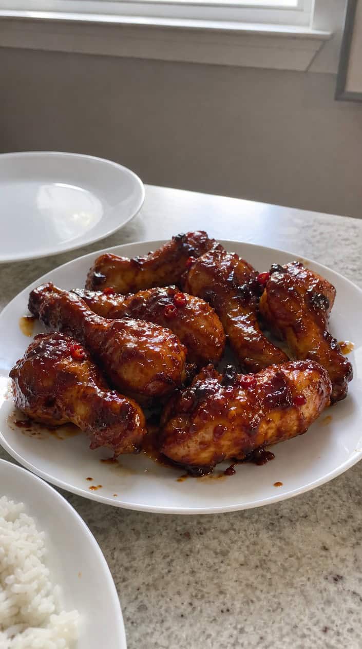 A plate of honey-sriracha glazed chicken drumsticks on a picnic table with summer barbecue foods and outdoor decorations.