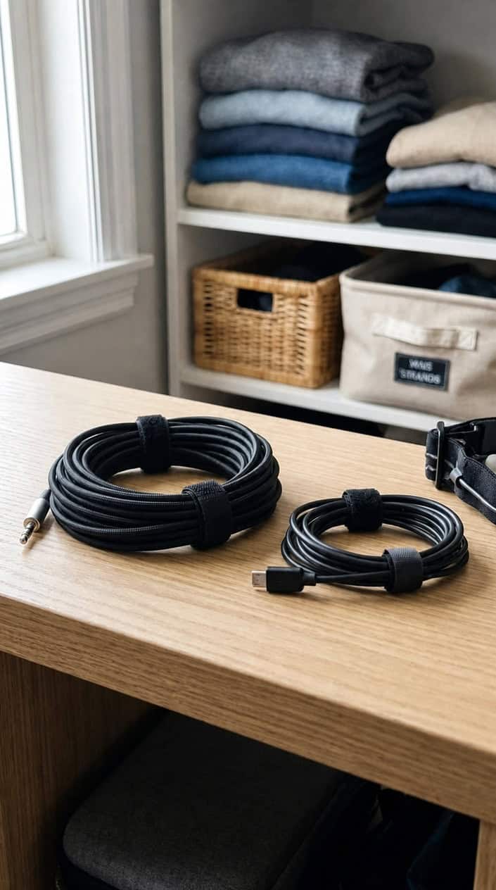 Close-up of headphones and headlamp cables neatly coiled and secured with hook-and-loop cable ties on a wooden surface, with a blurred organized closet in the background.