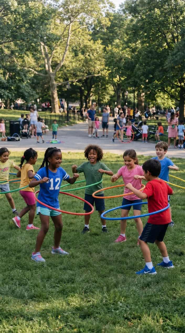 Physical Activities for Kids to Burn Off Energy 23 Children outdoors spinning colorful hula hoops around their waists during a playful endurance challenge.