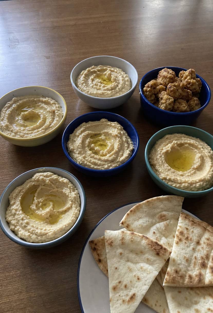 A colorful spread of various hummus and pita appetizers arranged on a wooden serving board