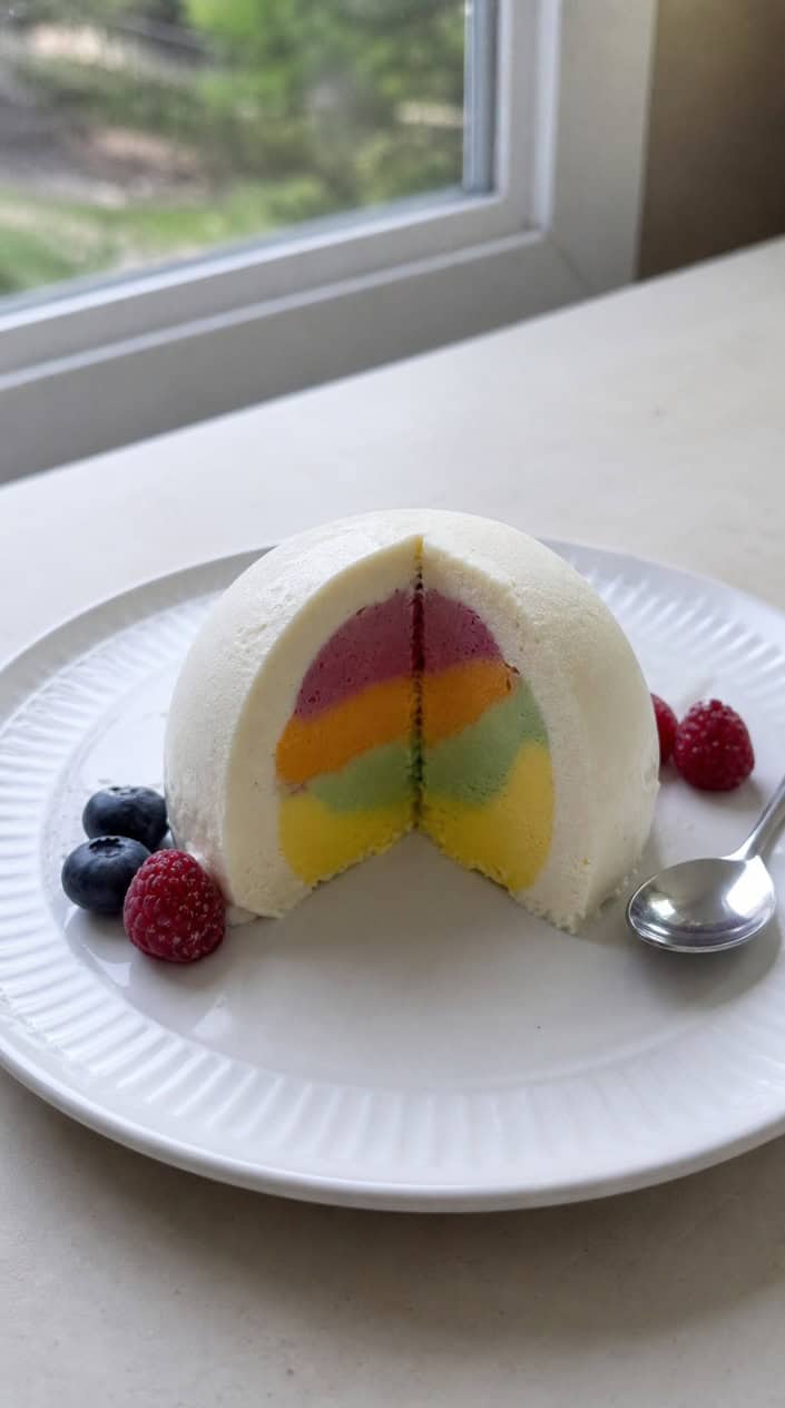 A sliced ice cream bombe dessert revealing a colorful sorbet center on a white plate with fresh berries and mint leaves.