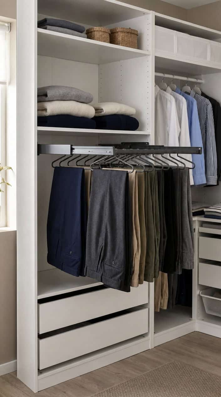 An open closet with an Ikea pull-out trouser hanger holding neatly hung trousers and organized clothing on shelves.