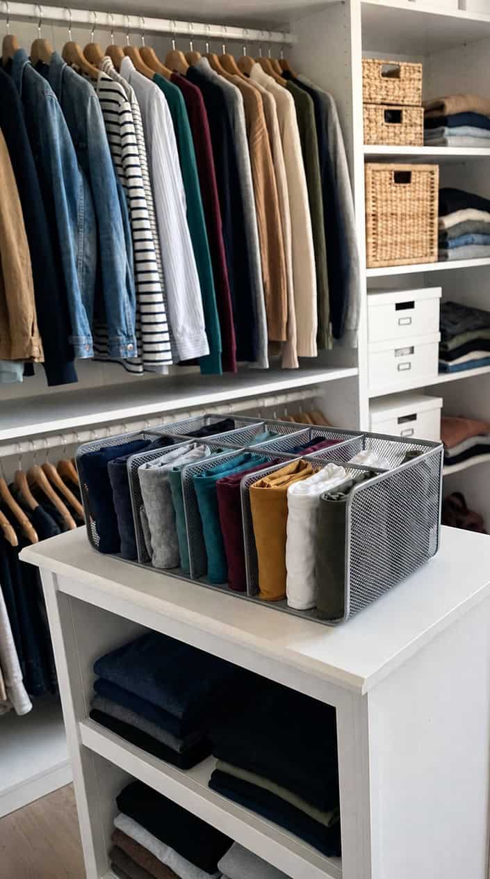 Closet shelf with an Ikea VARIERA shelf insert holding neatly folded t-shirts in organized compartments.