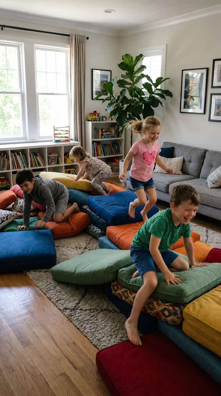 Children climbing and playing on colorful couch cushions arranged as an indoor obstacle course in a bright living room.