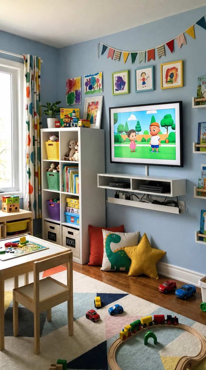 Children's room with a wall-mounted TV, a cable tray hiding cords below it, and a Kallax shelving unit filled with toys and books.