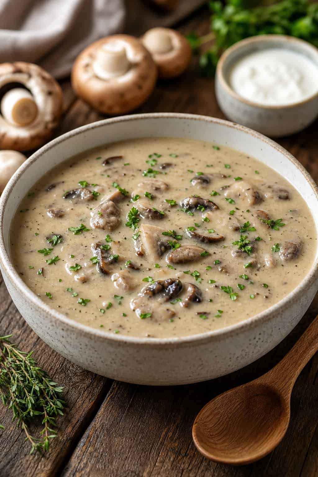 A bowl of cream of mushroom soup garnished with parsley on a wooden table with fresh mushrooms and a wooden spoon nearby.