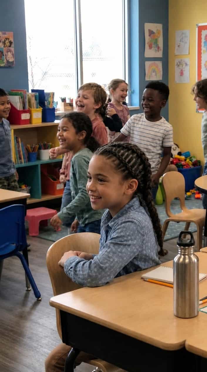A young girl with a detailed braid sitting in a classroom during recess, with children playing in the background.