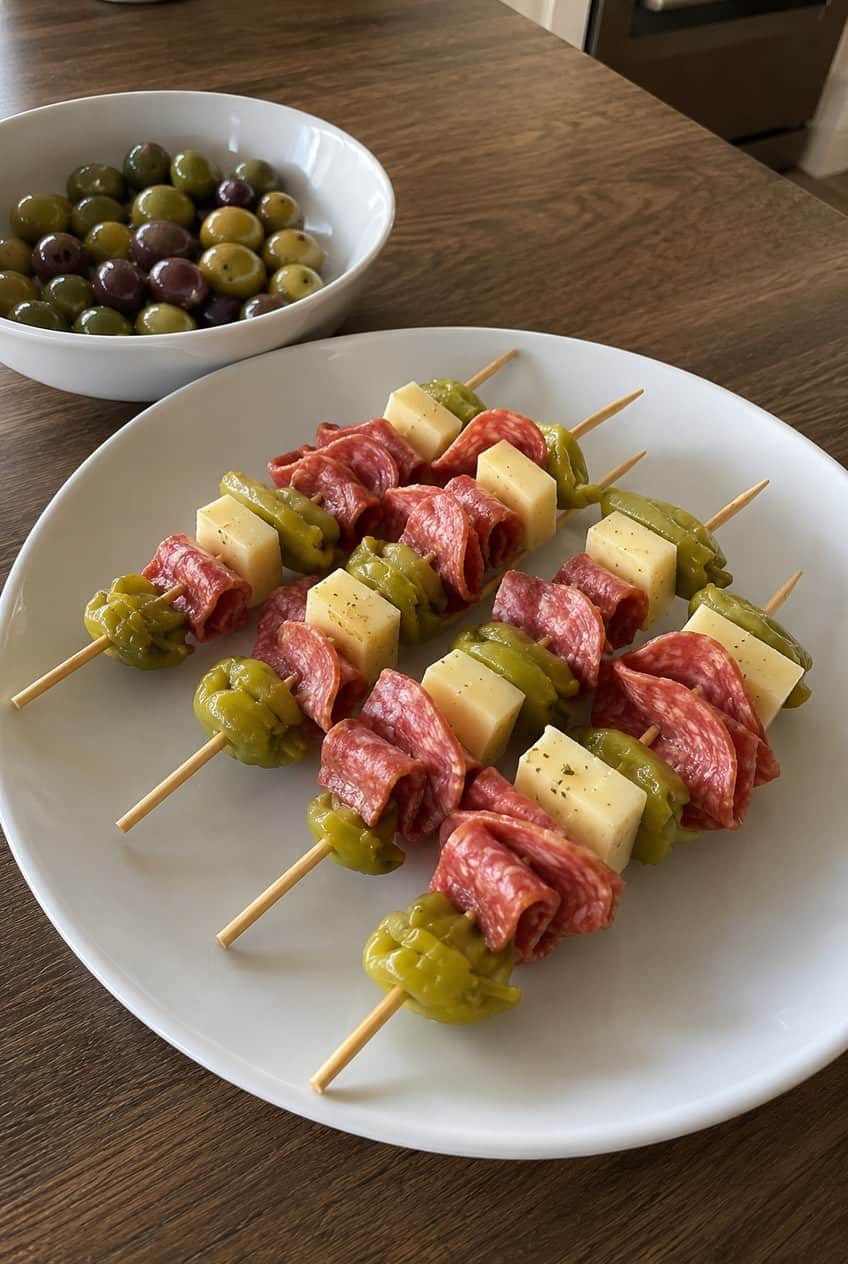 A close-up of wooden skewers threaded with folded salami, pale yellow provolone cubes, wrinkled golden pepperoncini, and cherry tomatoes on a dark wooden board.