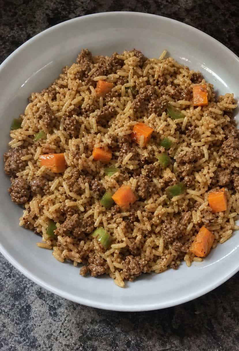 A sizzling skillet with ground beef, rice, and Italian seasonings cooking together over a stovetop