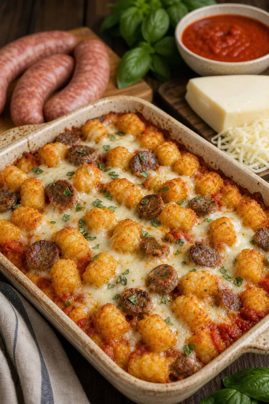 A baked casserole dish with tater tots, Italian sausage, marinara sauce, and melted mozzarella cheese on a wooden table.