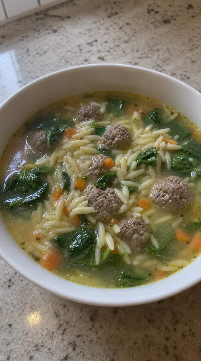 A bowl of Italian wedding soup with meatballs, orzo, spinach, and carrots on a wooden table with fresh ingredients and a spoon nearby.