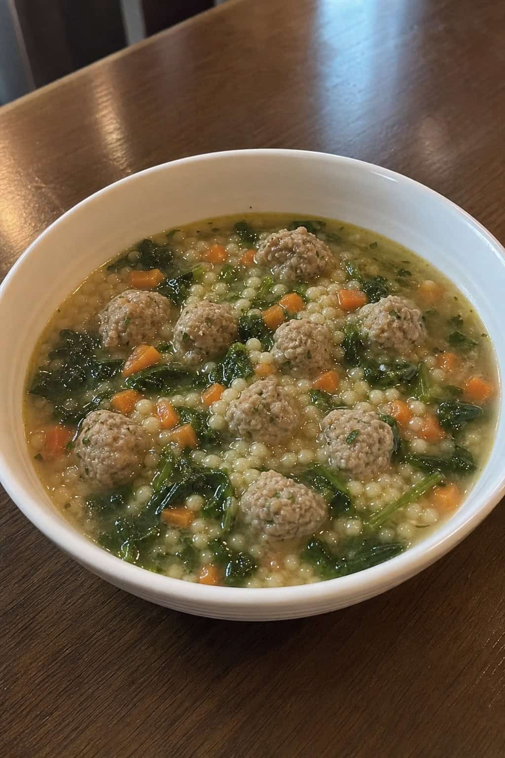 A bowl of Italian wedding soup with mini turkey meatballs, spinach, pasta, and carrots on a wooden table with a spoon and fresh ingredients nearby.