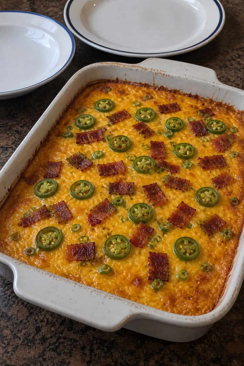 A golden brown jalapeño popper hashbrown casserole in a ceramic dish on a wooden table with fresh jalapeños and cooking ingredients around it.