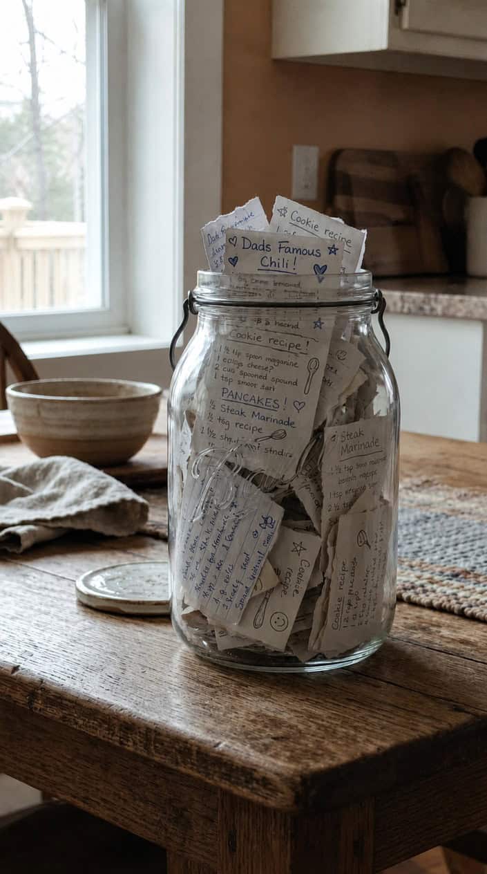 A glass jar filled with torn recipe cards containing handwritten notes, sitting on a wooden table in a cozy home setting.