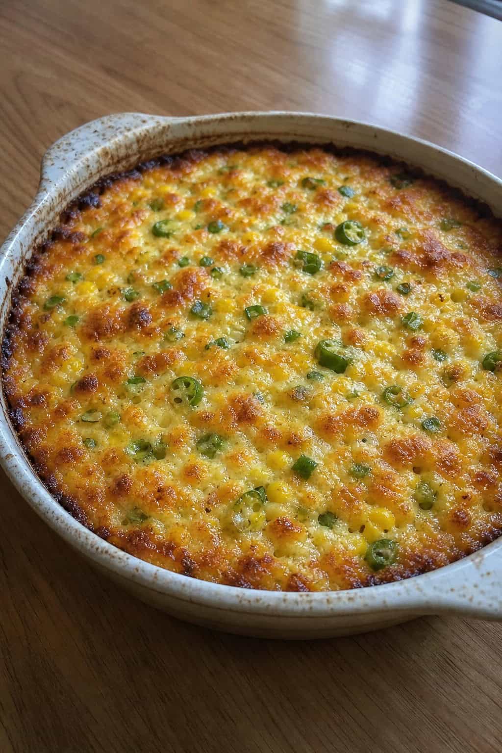 A freshly baked corn casserole with bubbling melted cheddar on top in a white ceramic dish on a wooden table, with several whole jalapeños and a few ears of corn arranged around it.
