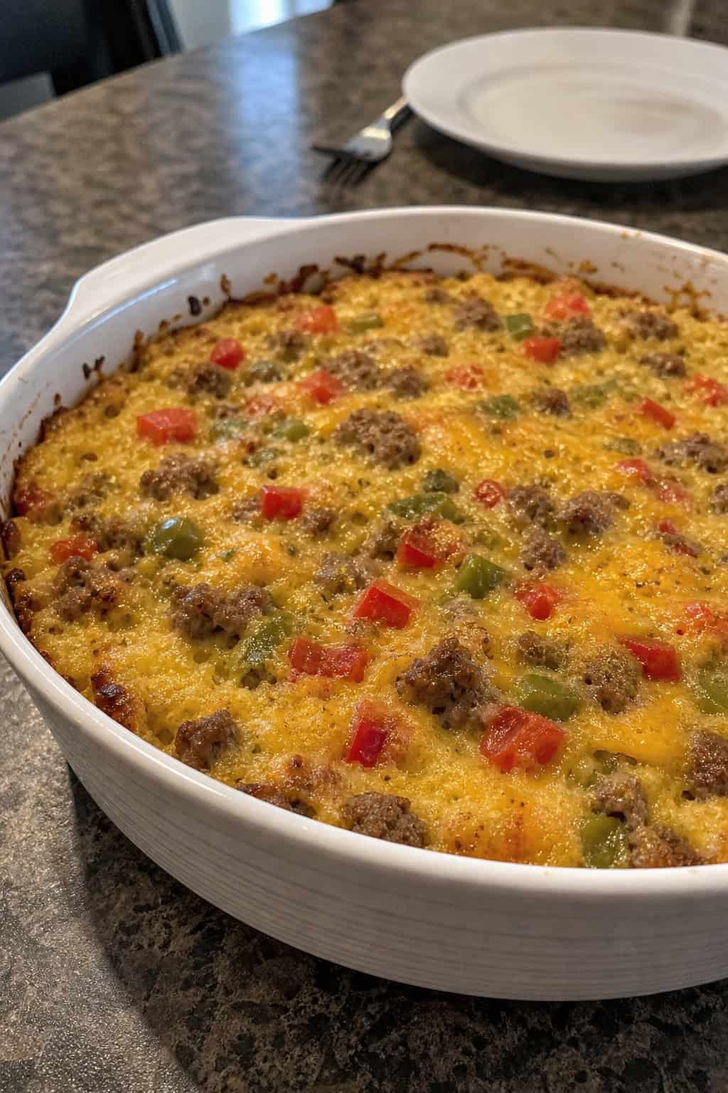 A baked corn casserole studded with browned sausage crumbles and bright diced red and green bell peppers in a ceramic dish on a wooden table with fresh peppers alongside.