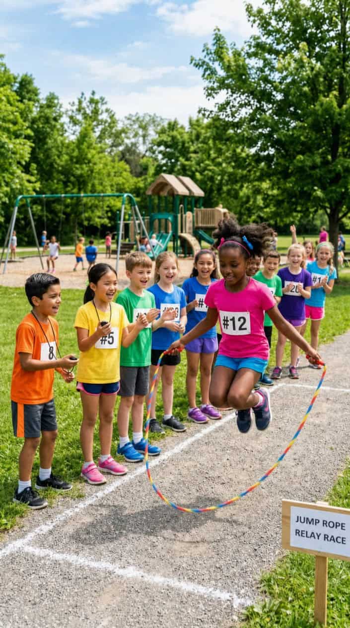 Physical Activities for Kids to Burn Off Energy 4 Children participating in a jump-rope relay race outdoors, taking turns jumping rope and timing laps.