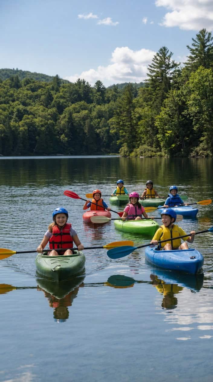 Two children in orange life jackets paddling sit-on-top kayaks side by side on a glassy lake surrounded by green tree lines on a sunny morning.