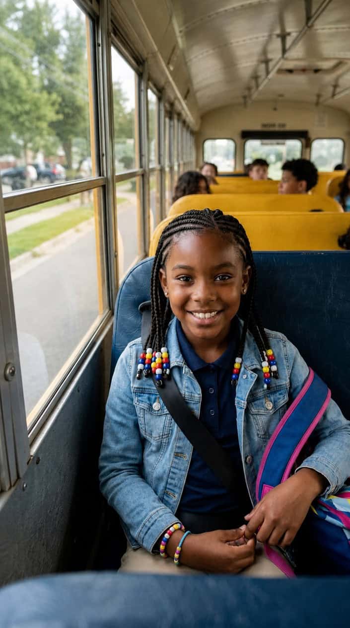 A young girl with braids sitting on a school bus seat, smiling and looking confident.