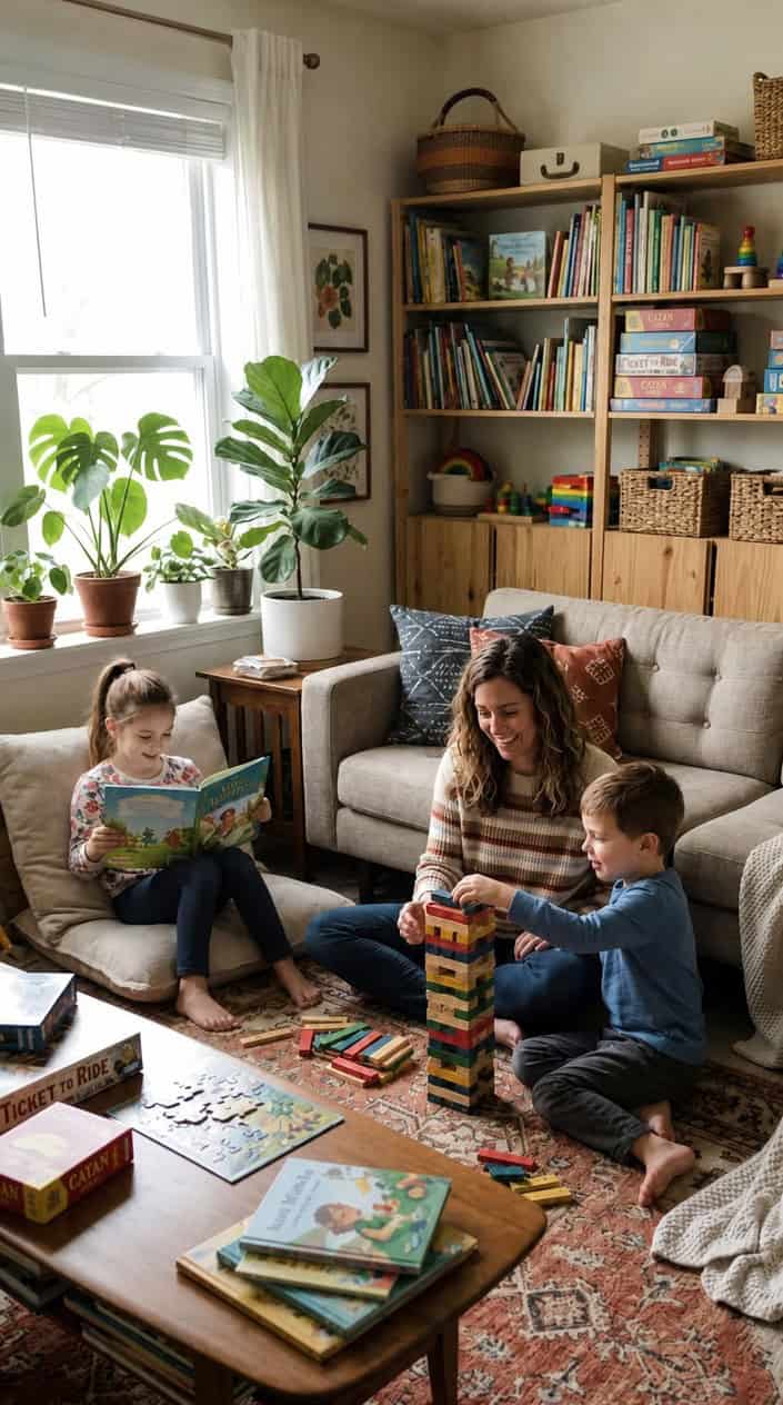 At-Home Kids' Activities Using What You Already Have 30 A parent and two children playing with books, puzzles, and building blocks in a bright living room without any screens.