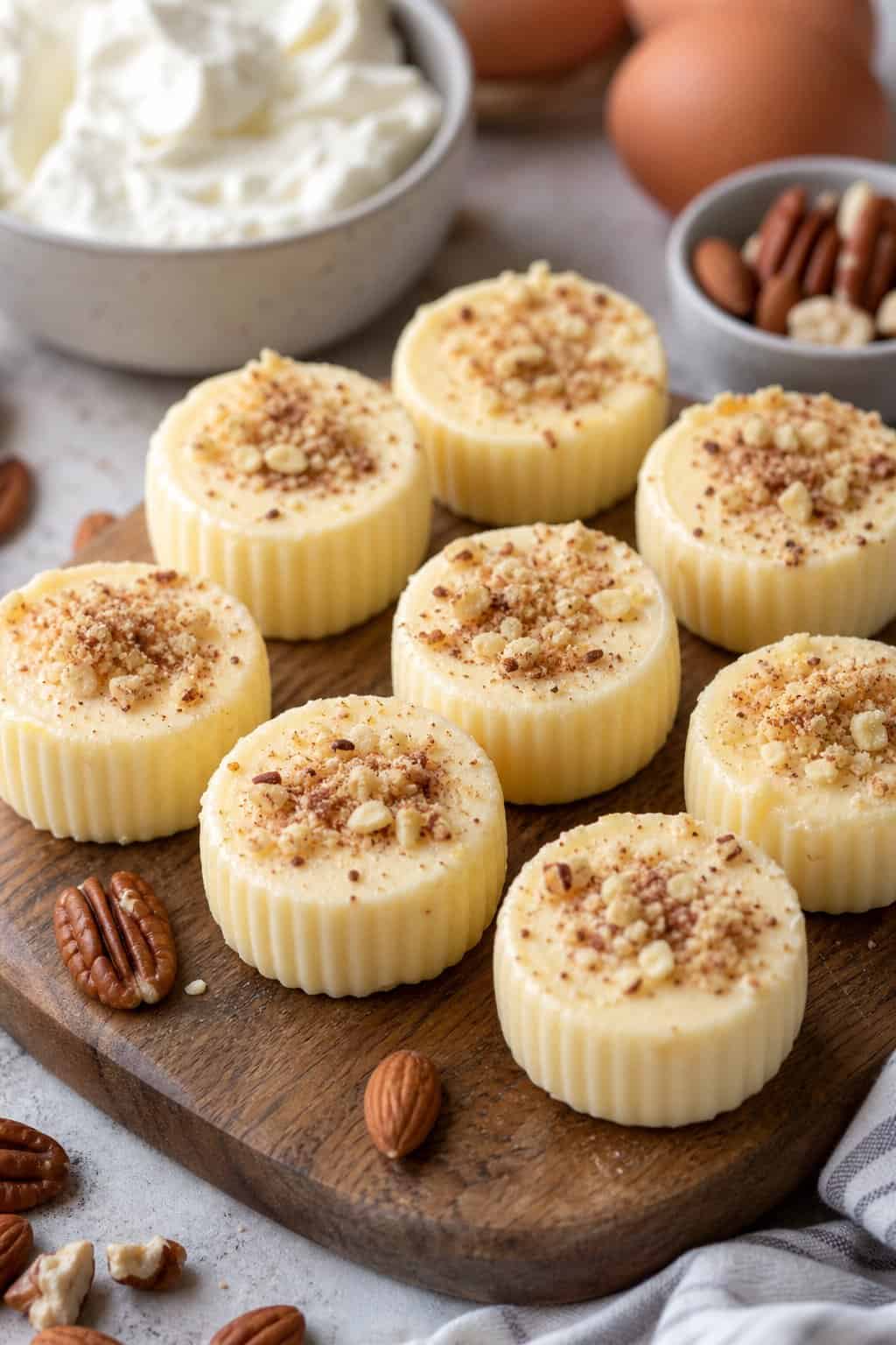 Eight small round keto cheesecake fat bombs arranged in two rows on a rough wooden board, pale ivory colored with a slightly glossy surface, a few whole walnuts tucked in beside them.