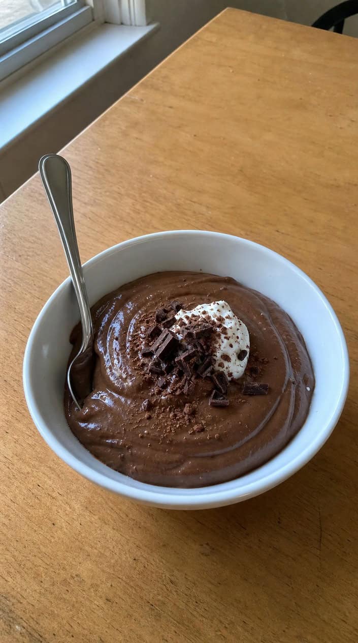 A bowl of creamy chocolate avocado pudding surrounded by avocado halves and cocoa powder on a wooden table.