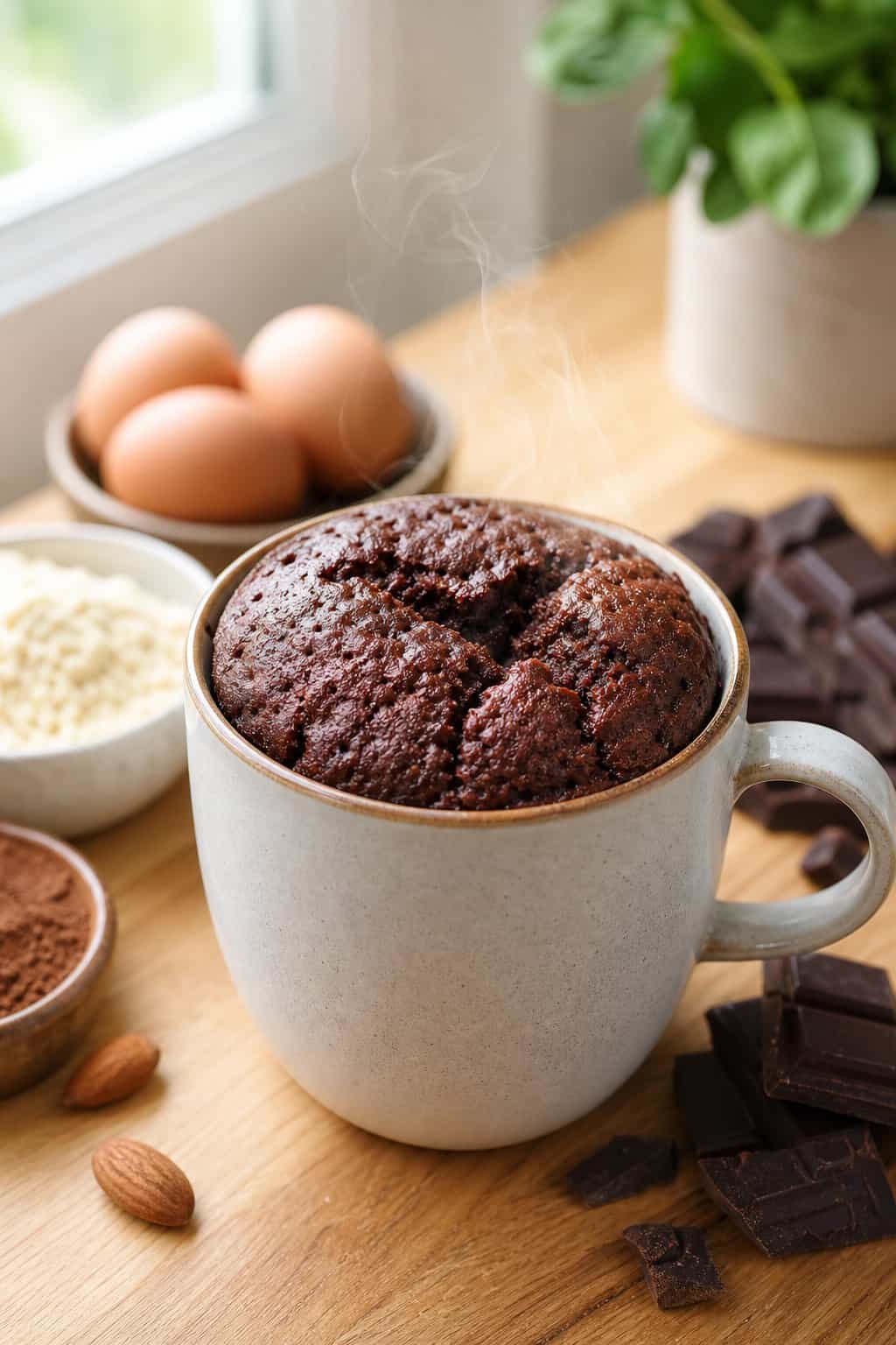 A freshly made chocolate mug cake rising above the rim of a wide white ceramic mug, set on a worn wooden countertop with a small bowl of cocoa powder and a butter dish nearby.