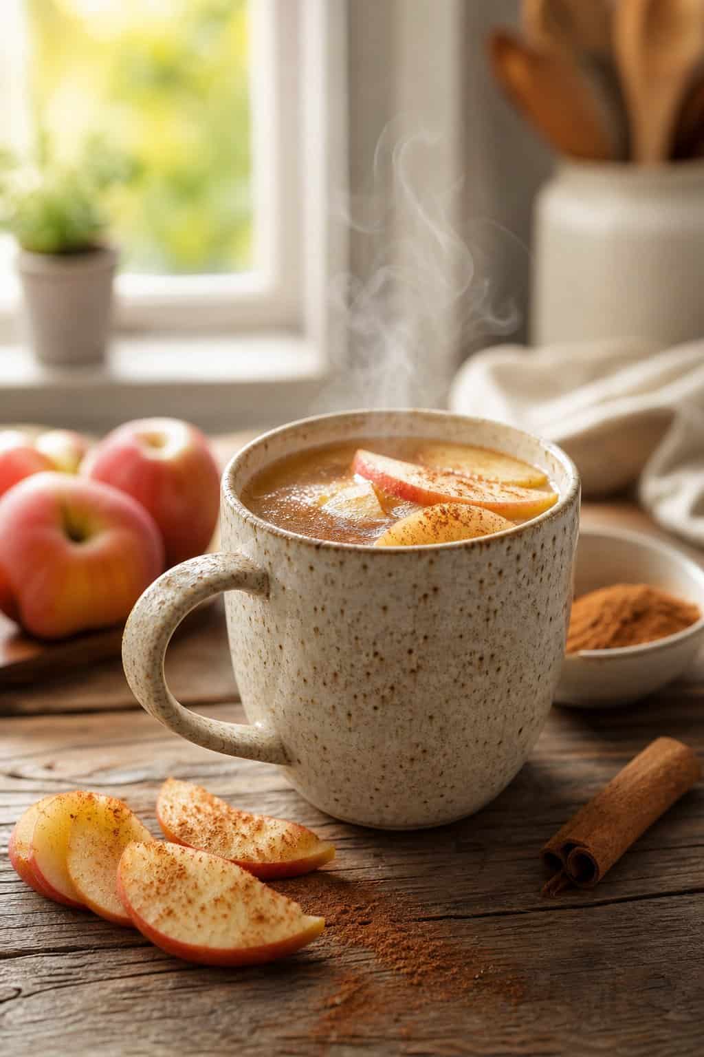 A white ceramic mug filled with steaming tender cinnamon apple pieces, with a cinnamon stick resting on the rim and a few raw apple slices on the wooden table beside it.