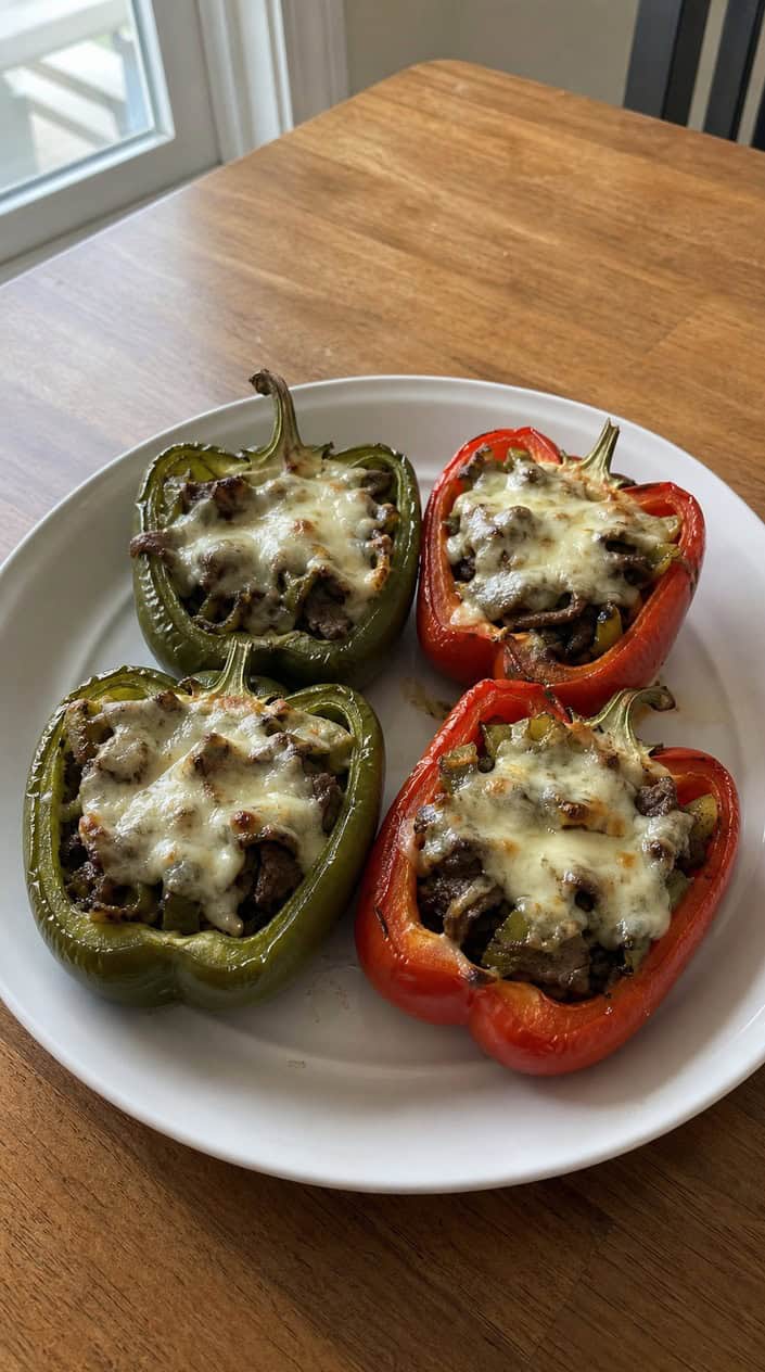 Close-up of stuffed bell peppers filled with steak, melted cheese, and sautéed vegetables on a wooden table.