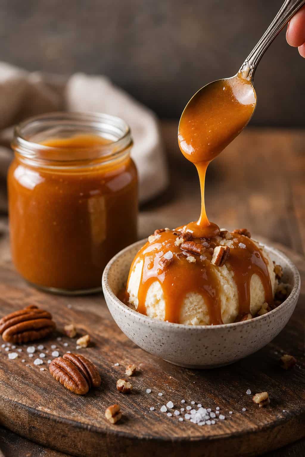 A small glass jar of glossy amber keto salted caramel sauce mid-drizzle over a dessert, with a few whole pecans and a pinch of large sea salt flakes resting on the surface beside the jar.