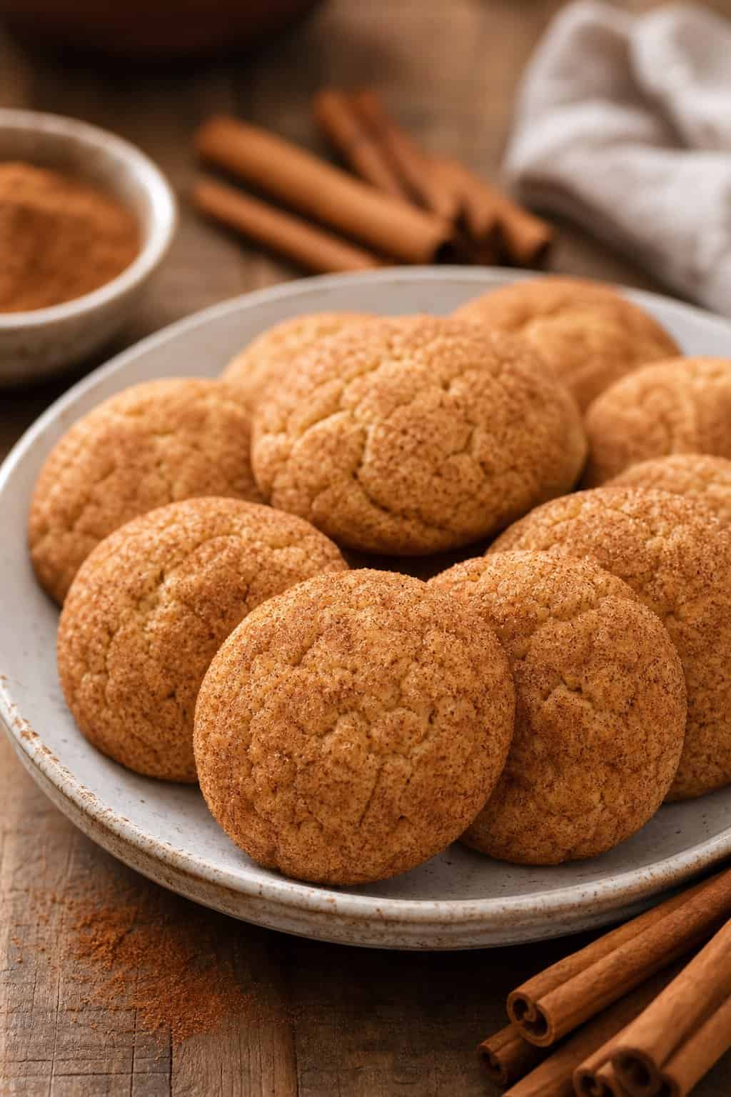 A white plate holding six soft round snickerdoodle cookies with a visible cinnamon-sugar coating and slightly cracked tops, a cinnamon stick and small pile of ground cinnamon placed beside the plate on a wooden table.