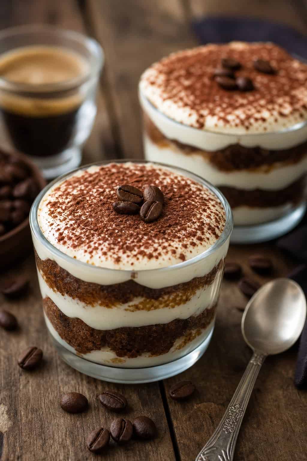 Four small keto tiramisu cups in clear glass ramekins showing distinct layers of espresso-soaked almond flour cookie and pale ivory mascarpone cream, dusted with a fine layer of dark cocoa powder and topped with a few whole espresso beans.