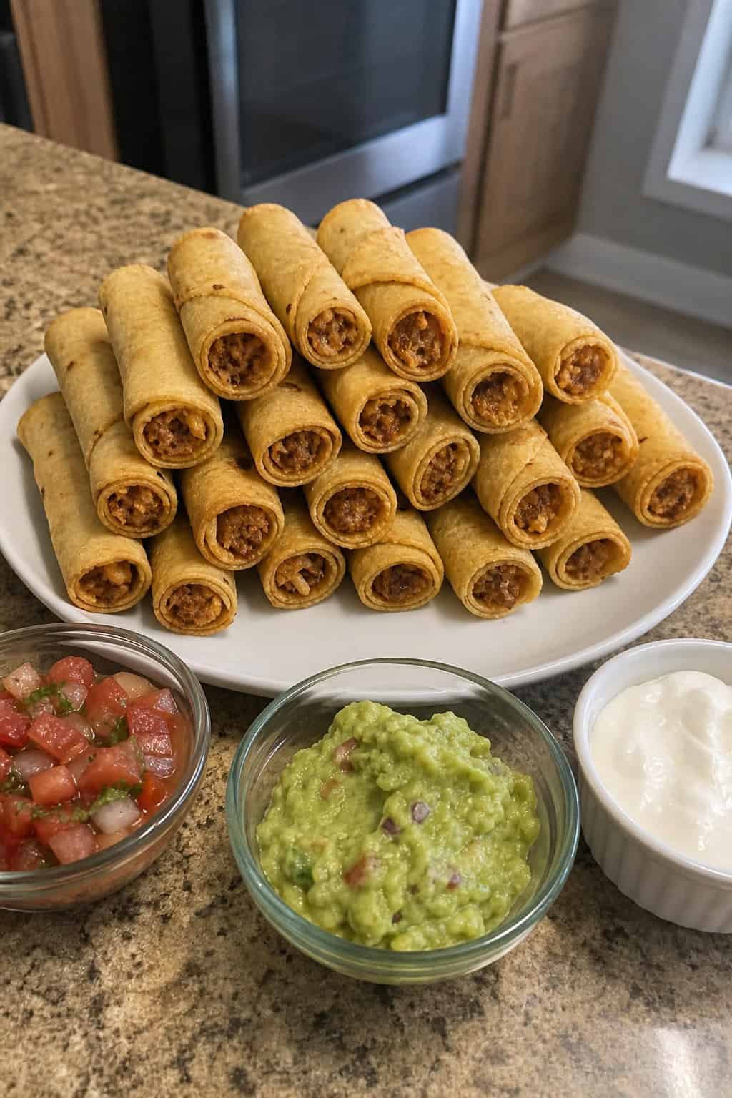 Crisped and sliced Kirkland Frozen Taquitos arranged on a platter with bowls of dipping sauces.