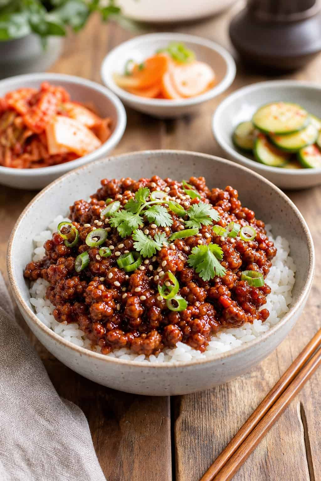 A bowl of Korean-style beef with rice, garnished with green onions and sesame seeds, surrounded by small side dishes on a wooden table.