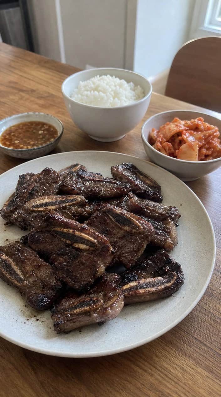 Korean-style short ribs cooking on a hot outdoor grill in a backyard setting.