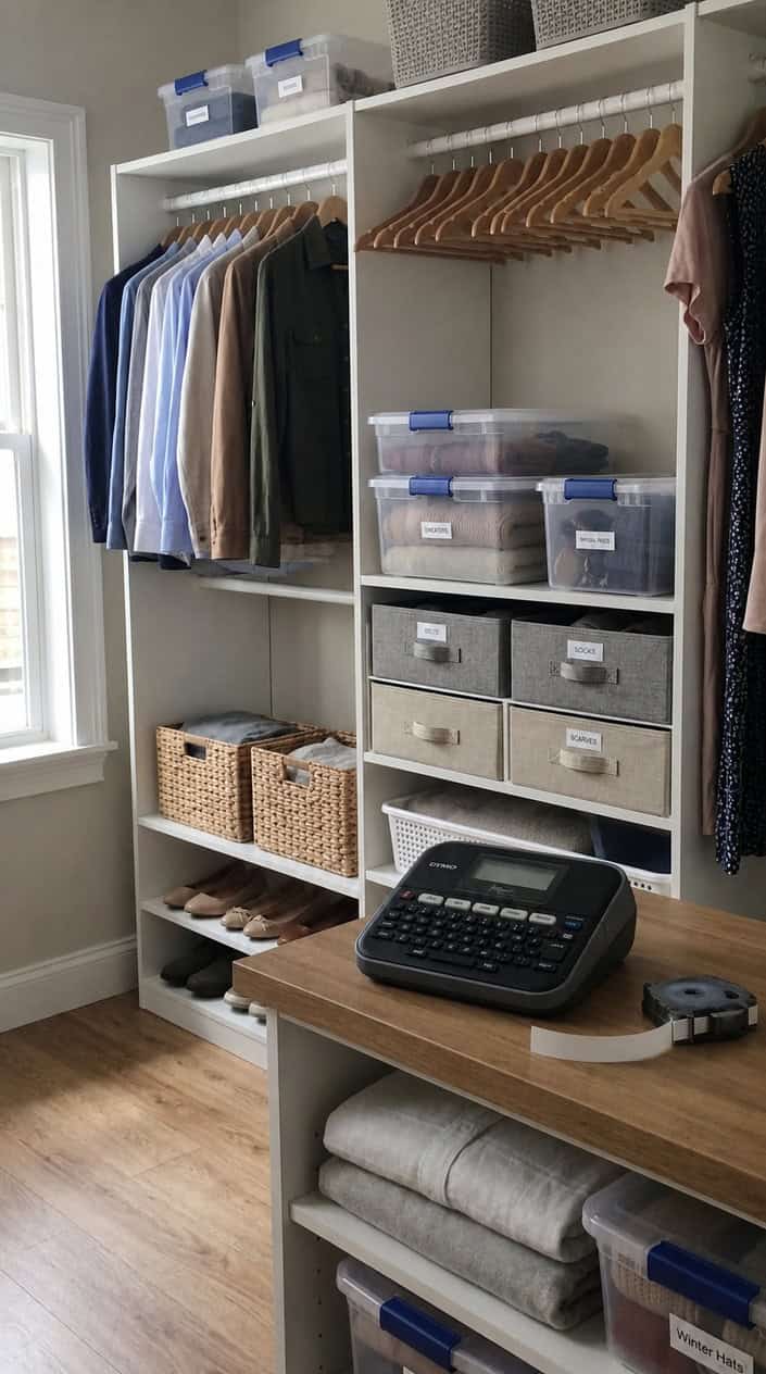 A neatly organized closet with shelves, bins, and baskets, and a label maker on a wooden surface nearby.