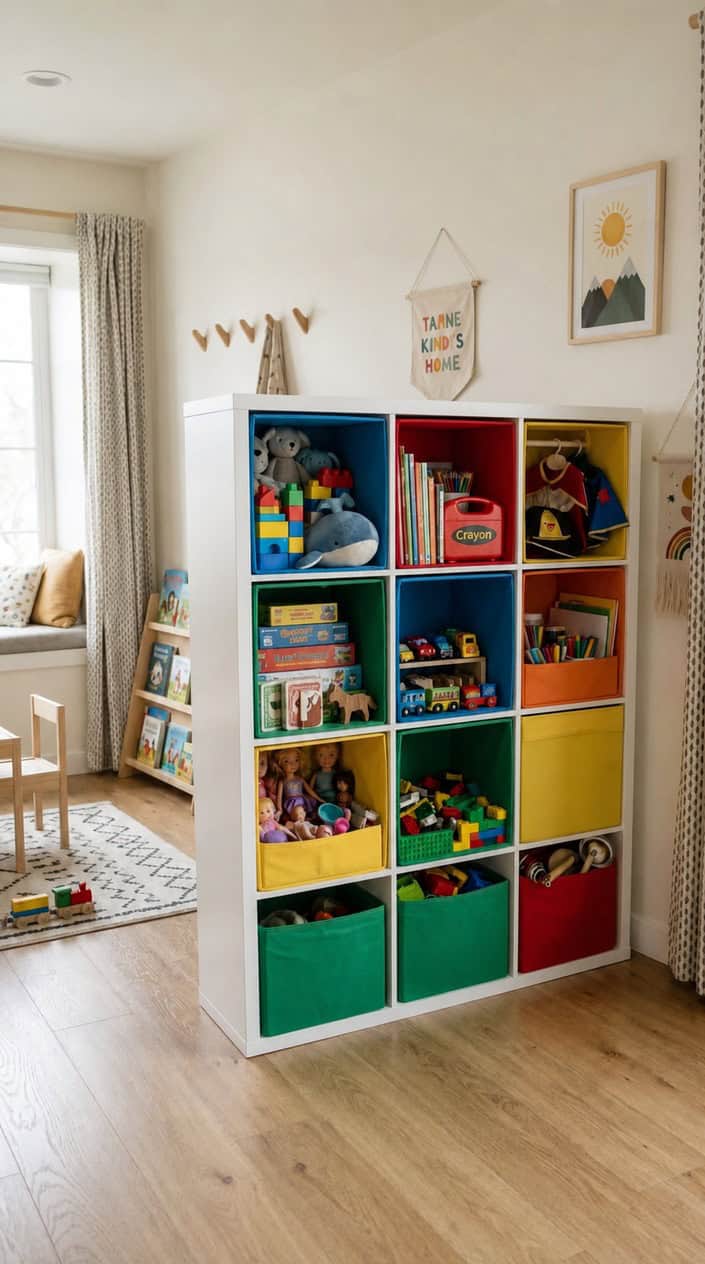 A neatly organized kids' room with a white shelving unit containing color-coded bins filled with toys, books, crafts, and dress-up clothes.