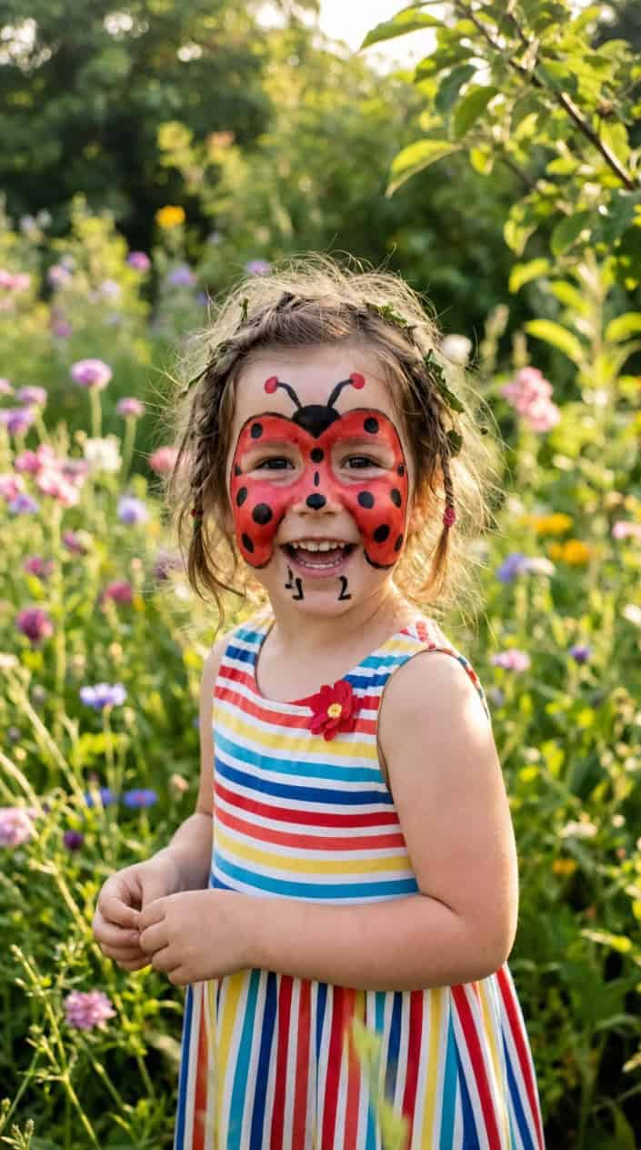 A smiling child with a ladybug face painting outdoors surrounded by greenery and flowers.