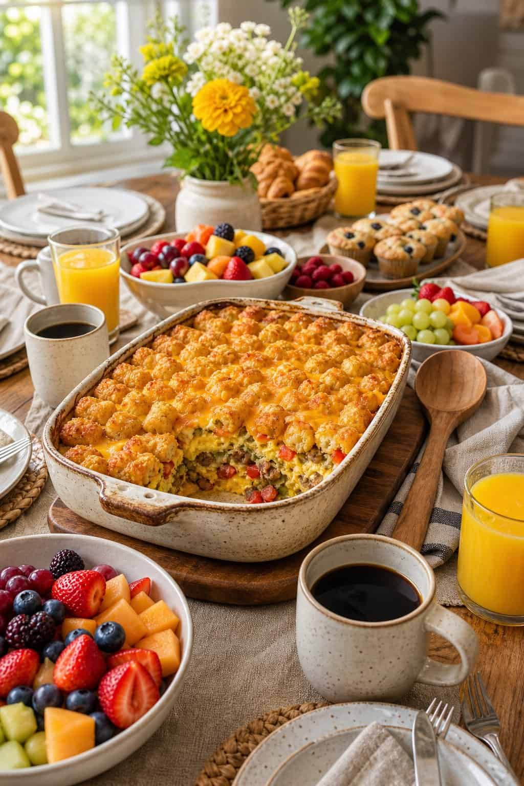 A large breakfast table with a baked tater tot casserole surrounded by plates, fruit bowls, orange juice, and coffee cups, ready to serve a group of people.