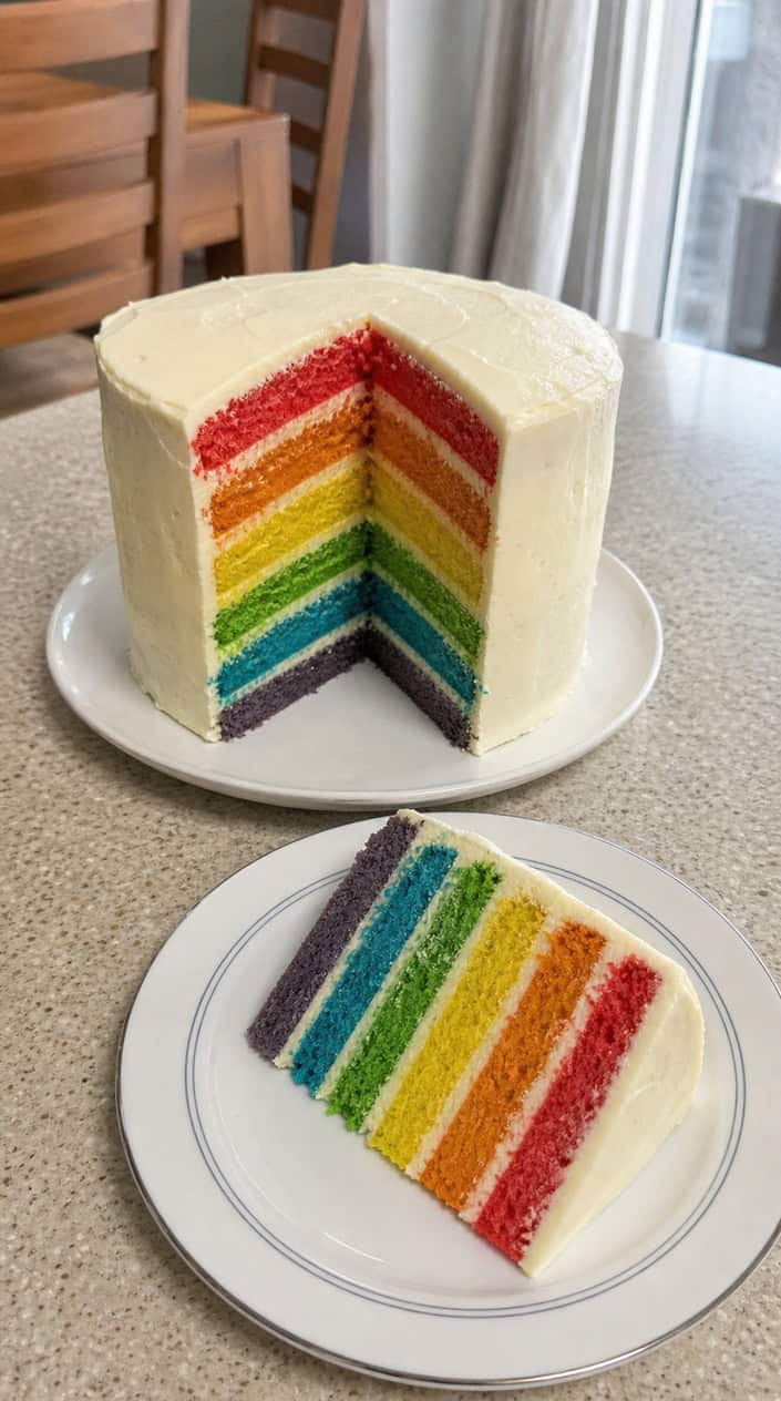 A sliced layered sponge cake with alternating rainbow-colored layers and white frosting.