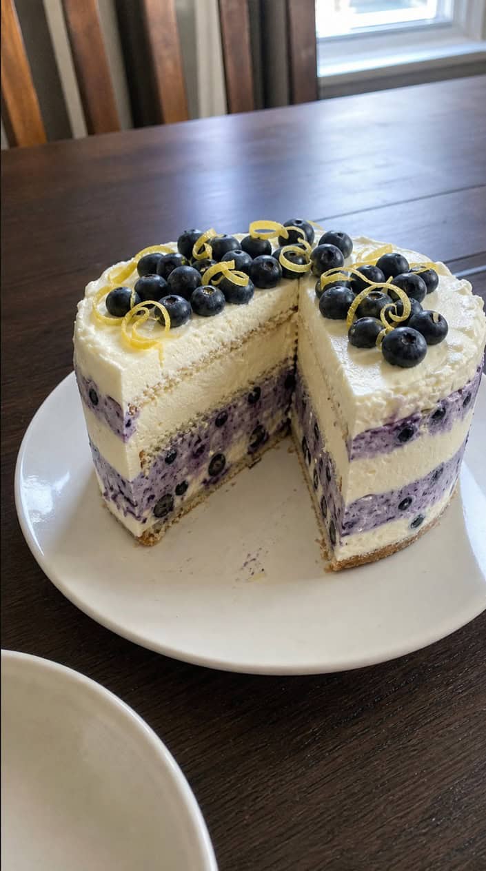 A lemon blueberry ice cream cake topped with fresh blueberries and lemon zest on a white cake stand, set on a wooden table with scattered blueberries and lemon slices.