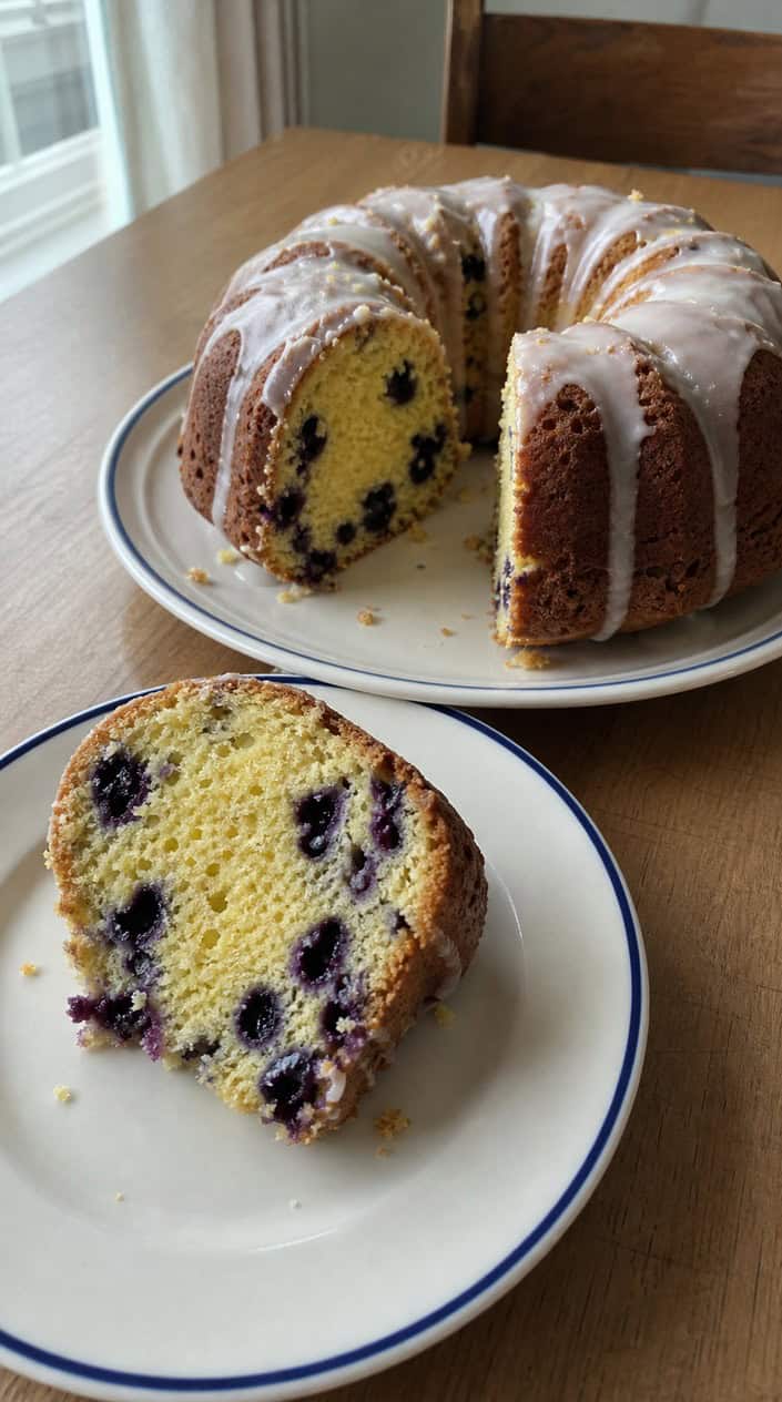 A sliced lemon blueberry pound cake on a wooden table with fresh blueberries, lemon halves, and mint leaves, surrounded by subtle red, white, and blue decorations.