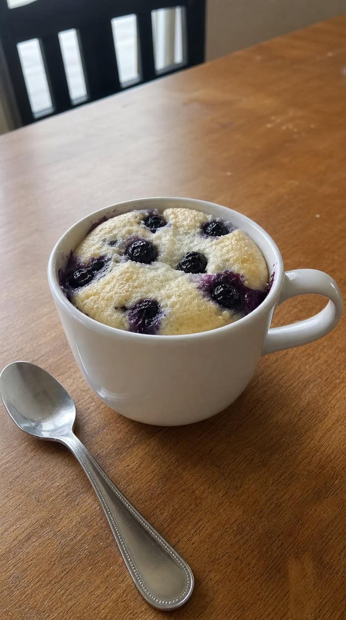 A ceramic mug holding a pale lemon-yellow mug cake studded with dark blueberries at the surface, set on a worn wooden table beside three fresh blueberries and a lemon half with its juice pooling slightly on the wood.